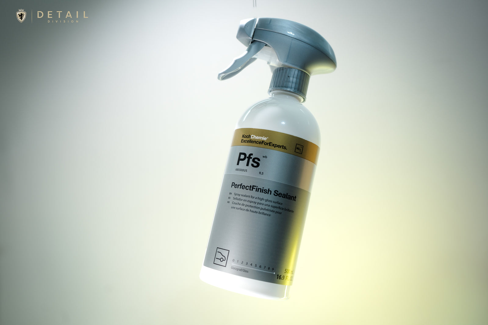 Bottle of Koch Chemie PerfectFinish Sealant Pfs studio shot by detail division 500ml bottle with spray head spray sealant