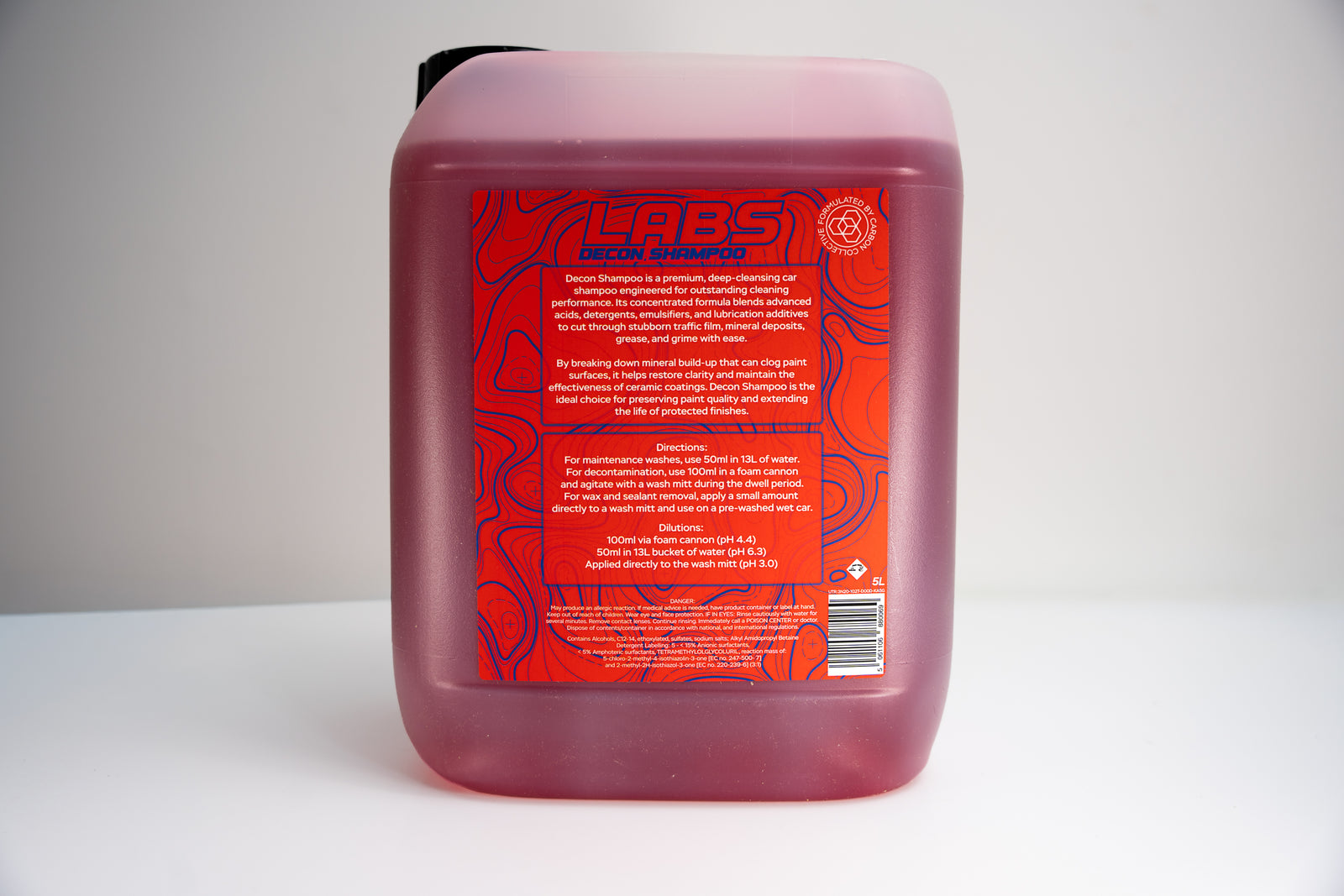 LABS Decon Shampoo Rear Red Label showing full use instructions and chemical warning label