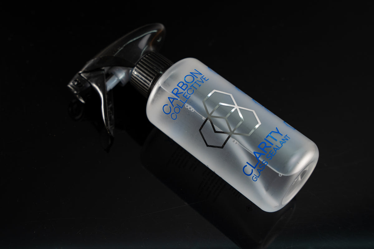 Carbon Collective Clarity Glass Sealant 250ml Clear Spray Bottle Cobalt Blue Text with Chrome Symbol Spray head
