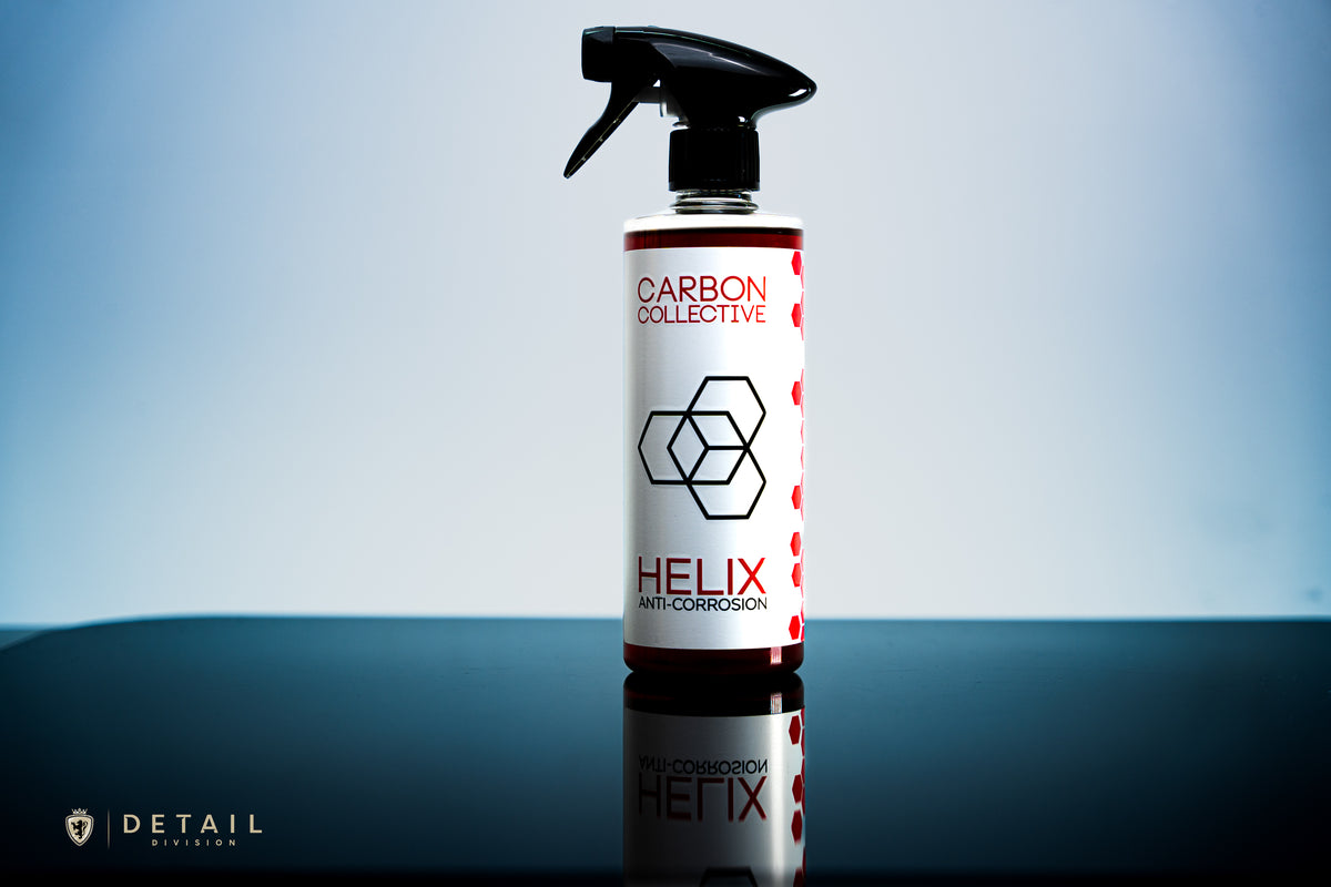 A bottle of Carbon Collective HELIX Anti-Corrosion spray to inhibit corrosion on metal