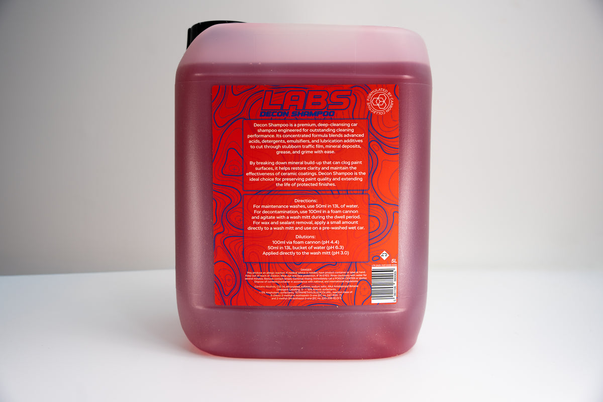 LABS Decon Shampoo Rear Red Label showing full use instructions and chemical warning label