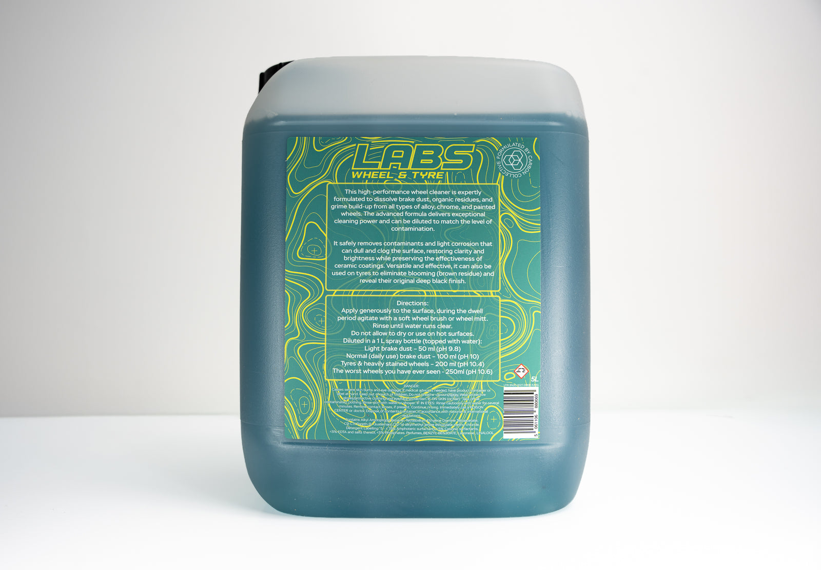 Rear Label LABS Wheel & Tire Green Product Label with Yellow Instructional Text and Warning Symbol 5L Jug